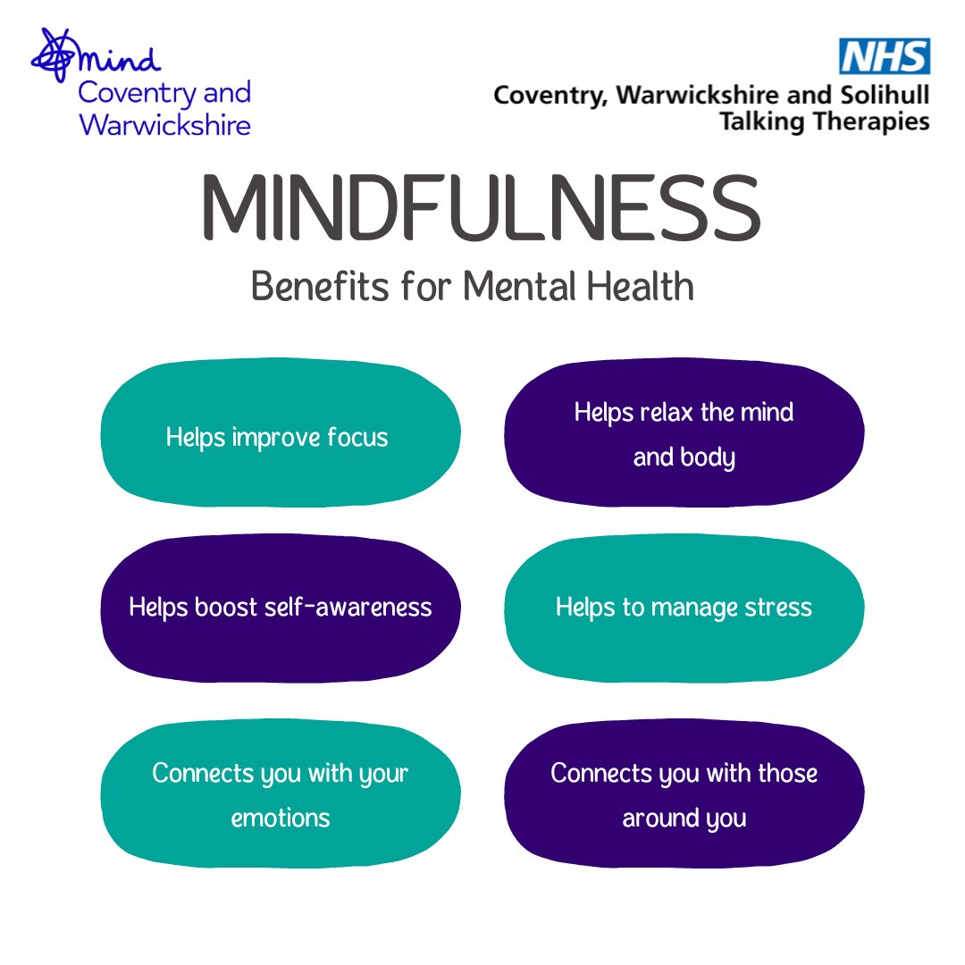 CWPTTalkTherapy's tweet photo. Heard the term 'mindfulness' but not sure what it means?
Mindfulness is a technique which involves noticing what's happening in the present moment, without judgement. It can help with feelings of stress, anxiety or worry. 
Here are some benefits to practicing mindfulness😊🌟 https://t.co/GYClginW9l