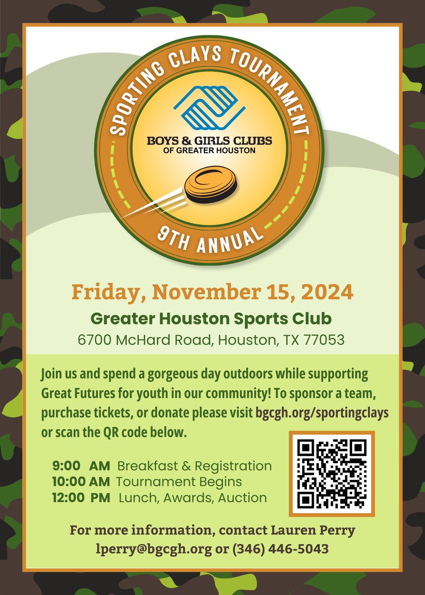 Join us on November 15, 2024, at the Greater Houston Sports Club for an exhilarating day of sport and philanthropy, all to benefit Boys &amp; Girls Clubs of Greater Houston! 🎯

For more details on sponsorship levels and benefits, please visit our website at bgcgh.org/sportingclays.