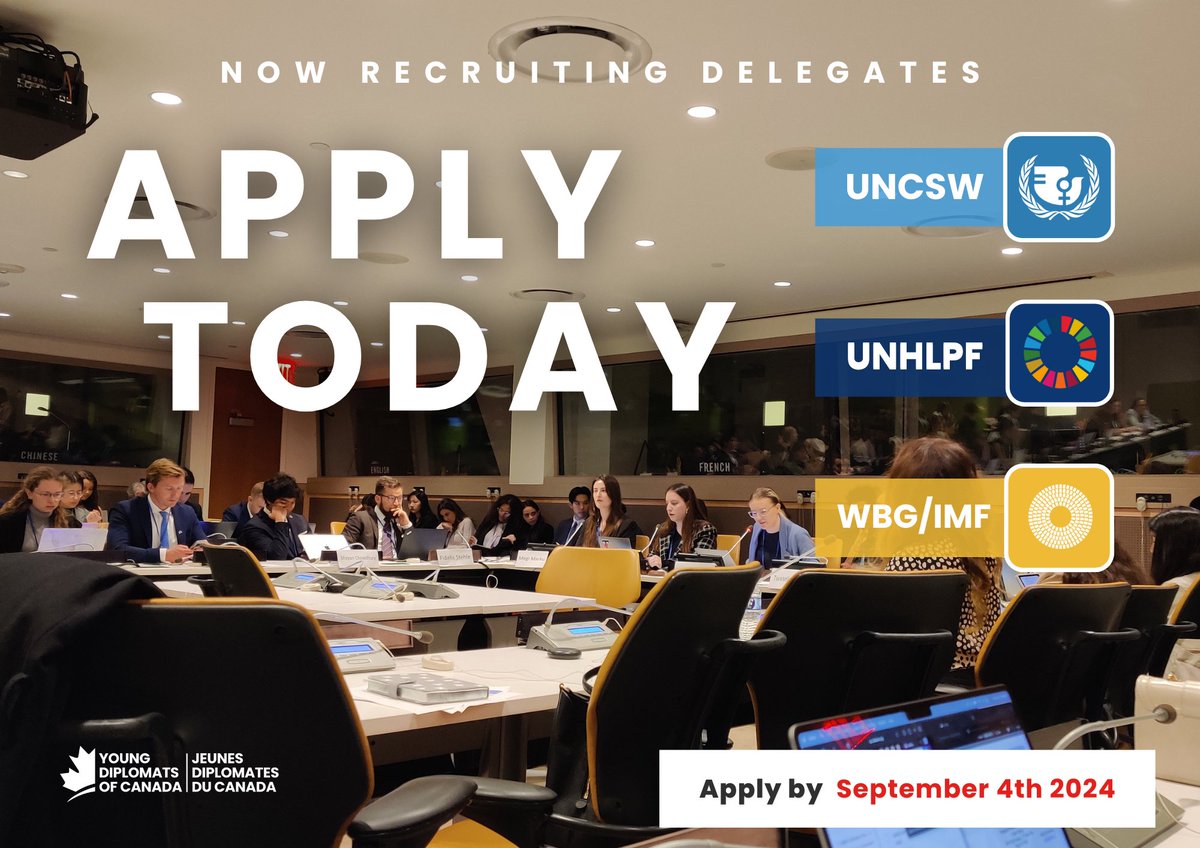 Young Diplomats of Canada (@ydcanada) on Twitter photo 📣 🆕 2025 Delegation applications open now!
Apply today to become a Canadian youth delegate at <a href="/UN/">United Nations</a> CSW, the <a href="/UN/">United Nations</a> HLPF, or the <a href="/WorldBank/">World Bank</a>/<a href="/IMFNews/">IMF</a> Spring Meetings!
📅 Submit your application by September 4 at 11:59 pm PT.
🖇 youngdiplomats.ca/get-involved 📣 🆕 2025 Delegation applications open now!
Apply today to become a Canadian youth delegate at <a href="/UN/">United Nations</a> CSW, the <a href="/UN/">United Nations</a> HLPF, or the <a href="/WorldBank/">World Bank</a>/<a href="/IMFNews/">IMF</a> Spring Meetings!
📅 Submit your application by September 4 at 11:59 pm PT.
🖇 youngdiplomats.ca/get-involved