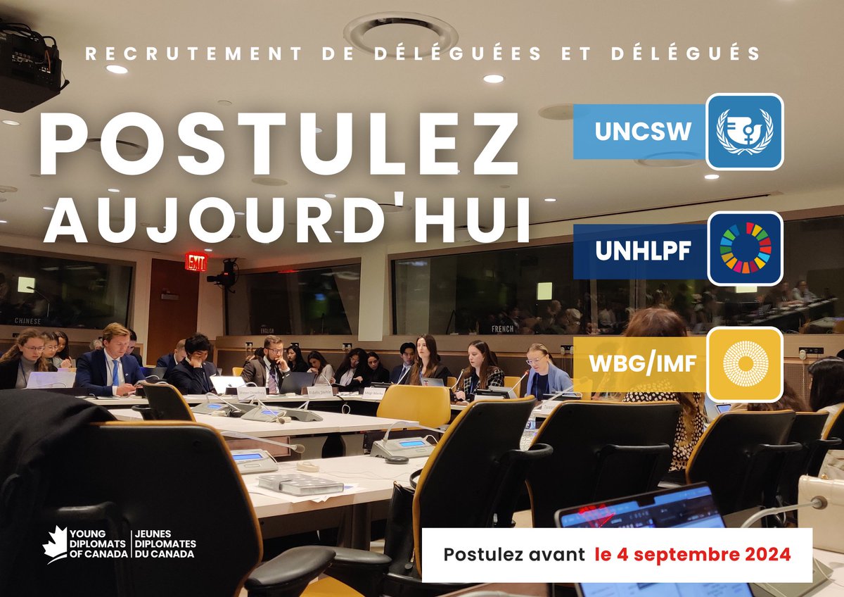 Young Diplomats of Canada (@ydcanada) on Twitter photo 🆕 La période de mise en candidature pour certaines délégations 2025 sont désormais ouvertes !
Postulez pour devenir une délégué(e) à la Commission sur le statut des femme, au FPHN des <a href="/UN/">United Nations</a> ou aux réunions de printemps de la <a href="/Banquemondiale/">Banque mondiale</a> et du FMI !
🖇 youngdiplomats.ca/get-involved 🆕 La période de mise en candidature pour certaines délégations 2025 sont désormais ouvertes !
Postulez pour devenir une délégué(e) à la Commission sur le statut des femme, au FPHN des <a href="/UN/">United Nations</a> ou aux réunions de printemps de la <a href="/Banquemondiale/">Banque mondiale</a> et du FMI !
🖇 youngdiplomats.ca/get-involved