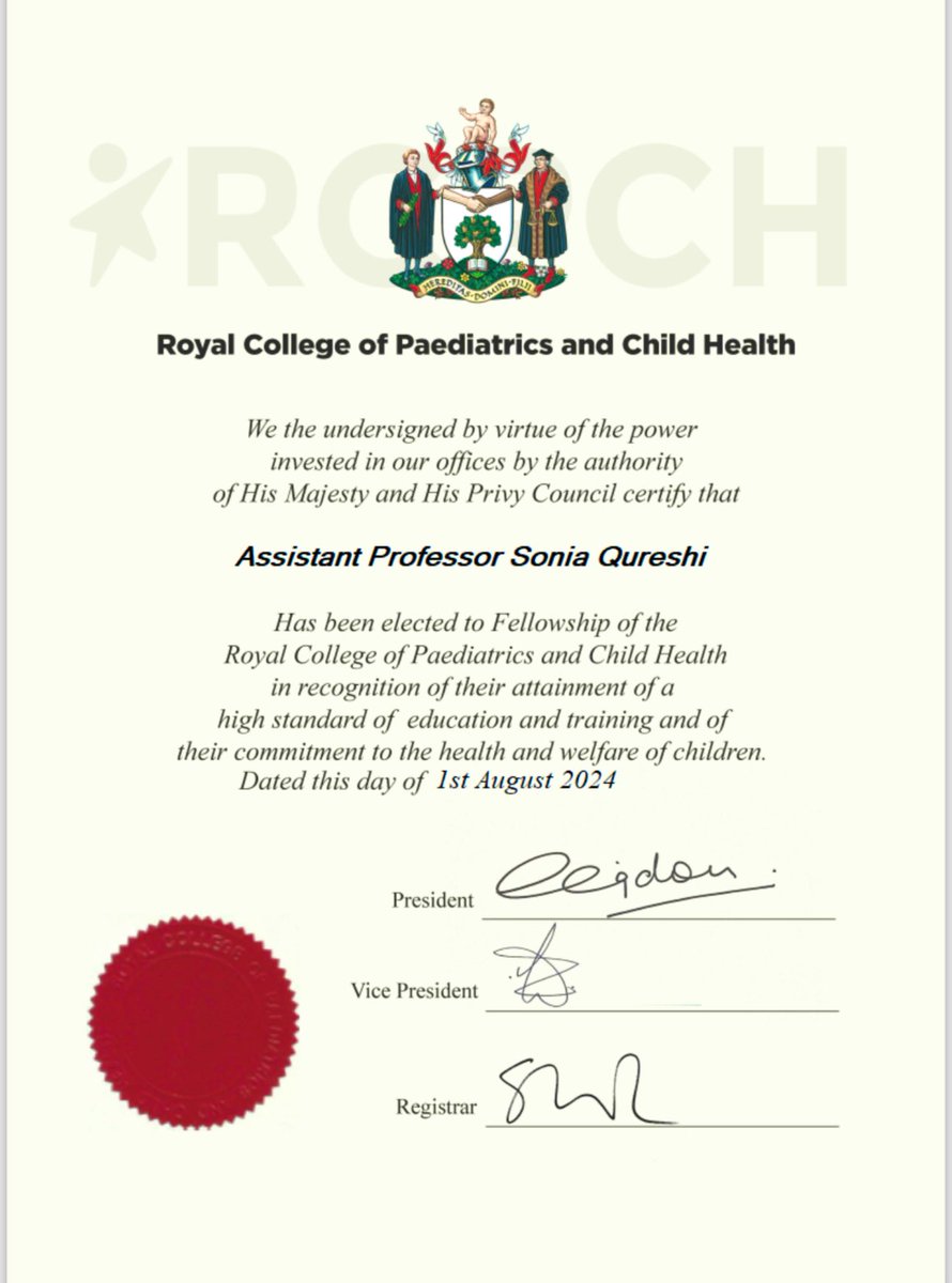 I’m excited to share that I’ve been elected as a Fellow of Royal College of Pediatrics &amp; Child Health, acknowledging my advanced education, training and commitment to the well being of children. <a href="/RCPCHtweets/">RCPCH</a> <a href="/AKUPaediatrics/">AKU Paediatrics</a>