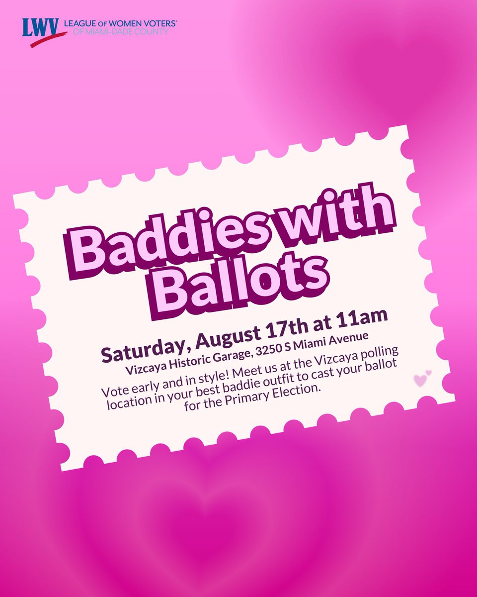 Cast your ballot with Miami’s baddies (aka <a href="/LWVMiamiDade/">League of Women Voters Miami-Dade</a>). Early Voting is underway, and what better way than to do it in style? 💅🏽

Join us 💋

🗓️ August 17th at 11am
📍Vizcaya Historic Garage, 3250 S Miami Ave
🎟️ RSVP: bit.ly/baddies-with-b…