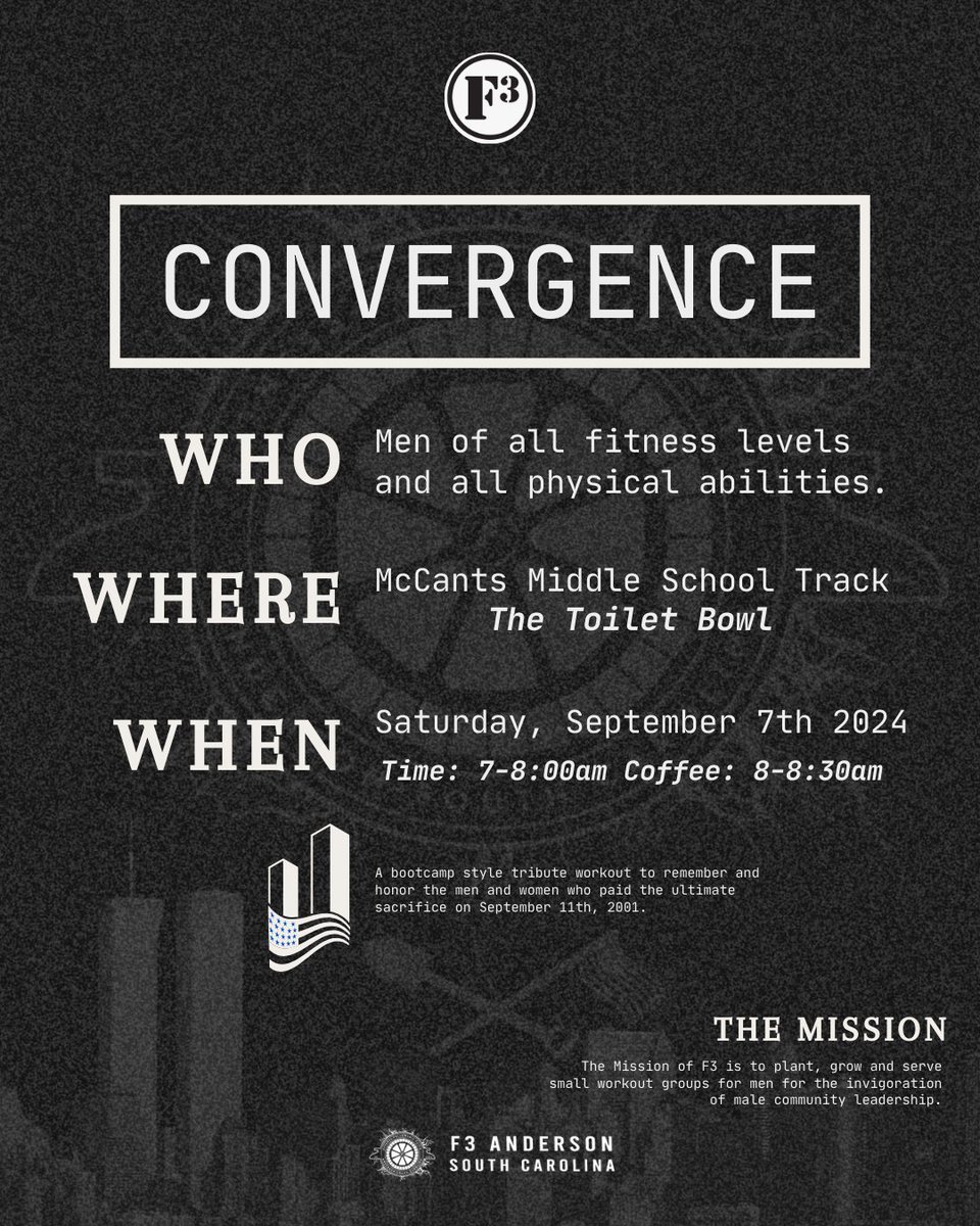 F3Anderson's tweet photo. Calling all men of all fitness levels and backgrounds, join us Saturday, September 7th as we honor and remember those who paid the ultimate sacrifice on September 11th, 2001.

TIMES
7-8:00am: Bootcamp Style Workout
8-8:30am: Coffee &amp; Fellowship

SYITG! https://t.co/NbkT8pNGYY