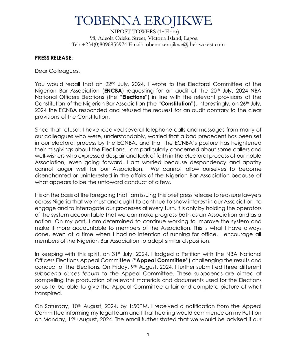 talktalk9ja1's tweet photo. #BreakingNews
Tobenna Erojikwe speaks out on the NBA elections dispute! π£οΈ
- Requests audit of the July 20 elections
- Filed a petition challenging the results
- Calls for transparency as per the NBA Constitution. βοΈ
- Vows to keep fighting for accountability! πͺ #NBAElections https://t.co/cKxQOBhDf4