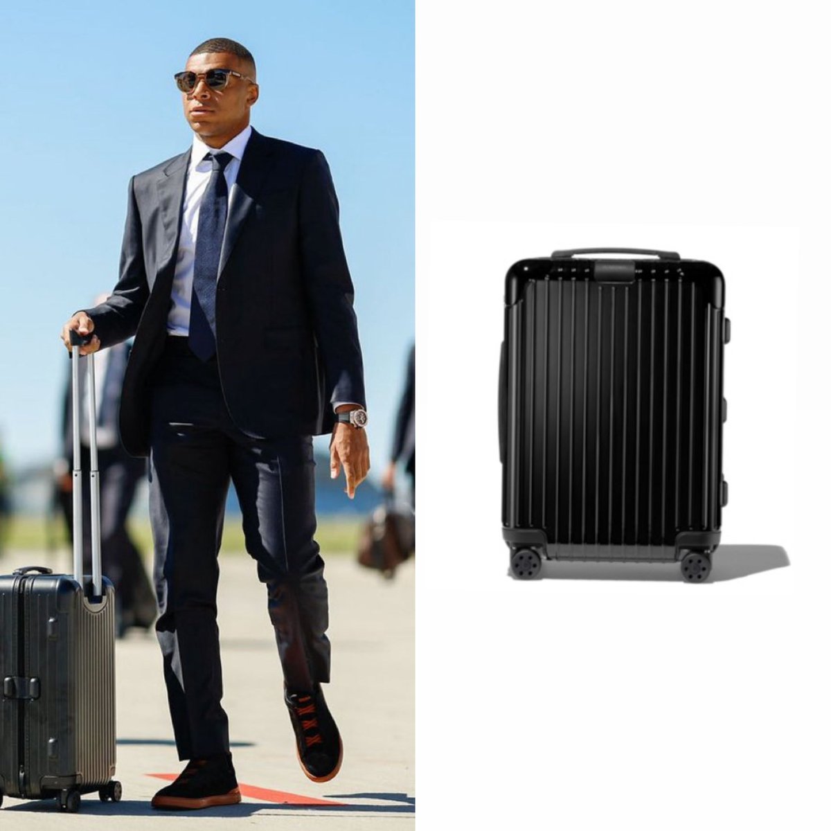 KMbappeStyle's tweet photo. And the sleek @rimowa Essential Cabin Gloss Black suitcase, he’s a vision of elegance and power. 

Best of luck in tomorrow’s match, my love @KMbappe 🤍 https://t.co/PZHFAQPwao