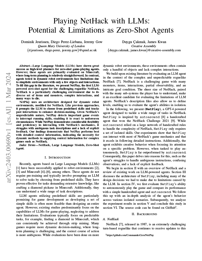We supported <a href="/iggiphd/">iGGi PhD</a> student, Dominik Jeurissen, on his paper “Playing NetHack with LLMs: Potential &amp; Limitations as Zero-Shot Agents”. Congratulations to Dominik for presenting this <a href="/ieee_cog/">IEEE Conference on Games</a> last week. 

Read the full paper here: arxiv.org/abs/2403.00690