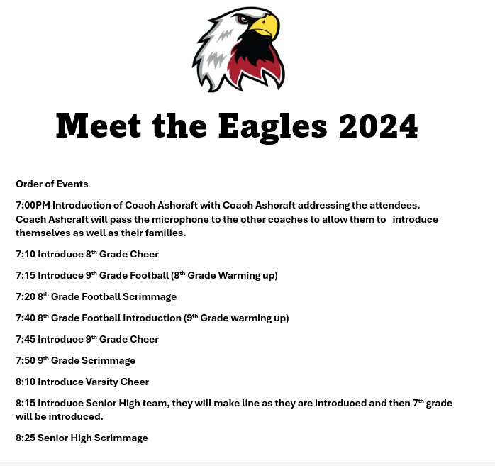 Meet The Eagles this Friday night, 7:00 start. Itinerary is below. Admission is $5.