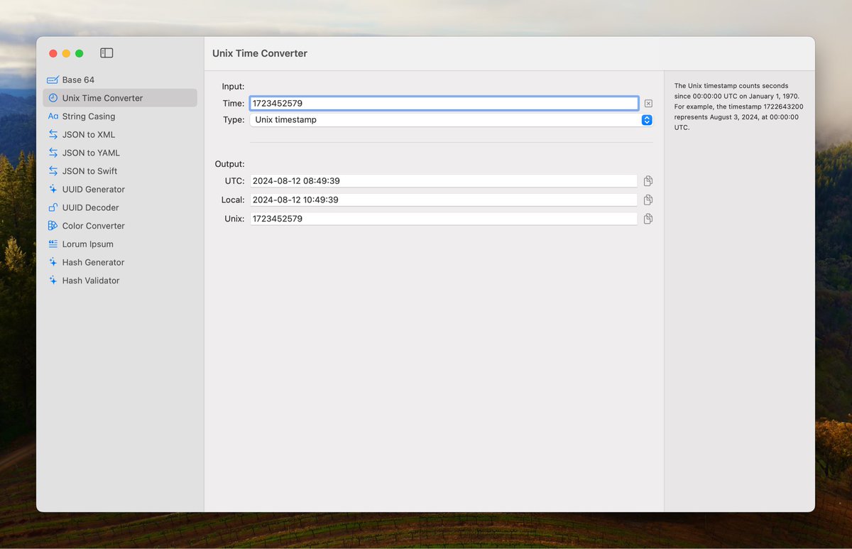StrAbZ's tweet image. This new app is fully developed in SwiftUI, and I must admit it helps doing multi-platform dev. Here is an example of the Unix time converter tool for macOS. I'm no designer, doing my best 😅. #iOSDev #macOSDev #IndieDev