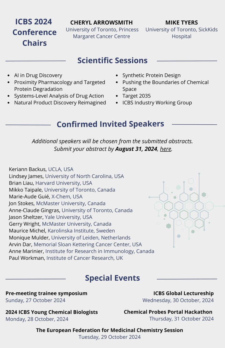 Structural Genomics Consortium (SGC) (@thesgconline) on Twitter photo The #ICBS2024, co-organized by <a href="/CherylArrowsmi1/">Cheryl Arrowsmith</a> and Mike Tyers, is a must-attend event for anyone in chemical biology. Half of the session speakers will be selected from abstract submissions—register by August 31 for a chance to be on stage.
Register: chemical-biology.org/event/icbs2024…. The #ICBS2024, co-organized by <a href="/CherylArrowsmi1/">Cheryl Arrowsmith</a> and Mike Tyers, is a must-attend event for anyone in chemical biology. Half of the session speakers will be selected from abstract submissions—register by August 31 for a chance to be on stage.
Register: chemical-biology.org/event/icbs2024….