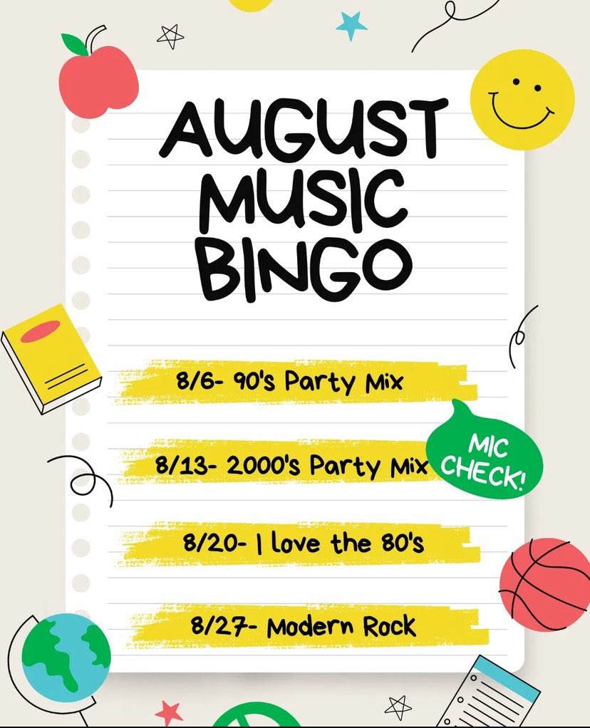 Music Bingo for August. Come join the fun. #lovethepeople #lovethebeer #beerhugsandrockandroll #pizzaandbeer #middletn #drinklocal #craftbeer #mayday 🍕🍺 #bingo #singo