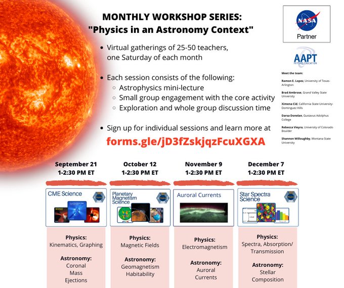 #Physics, #astronomy, #science teachers, join the AAPT/NASA Heliophysics Education Activation Team's free virtual mini-workshop series one Saturday per month. Register for the upcoming "CME Science" workshop on September 21 from 1:00-2:30 pm ET. ow.ly/aHAb50SXaoM <a href="/NASAHEAT/">NASA HEAT</a>