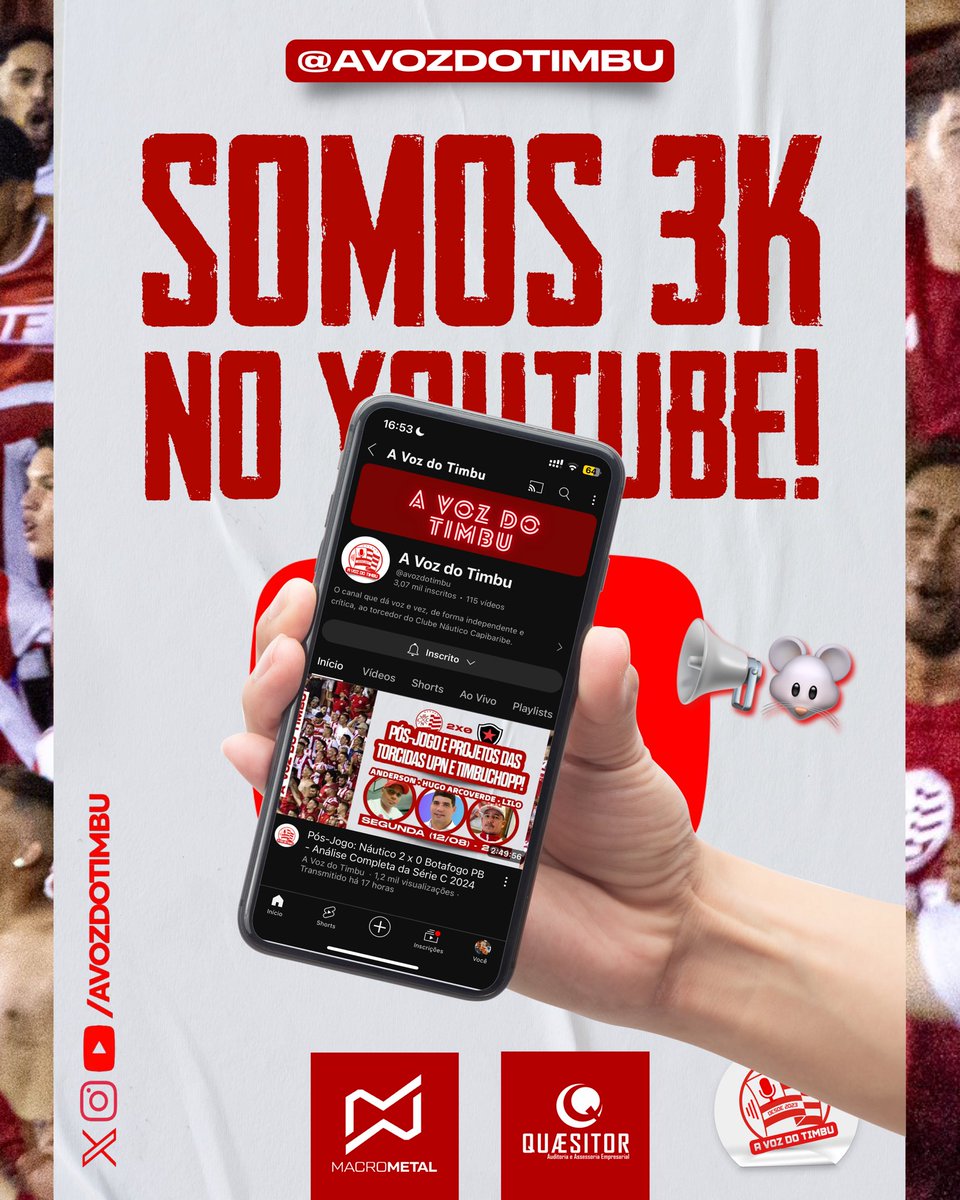 avozdotimbu's tweet photo. Ultrapassar a marca de 3 mil inscritos no YouTube é gratificante! Através de um trabalho árduo, seguimos dando o melhor para vocês, alvirrubro(a)s! Sem vocês nada disso seria possível!
Vamos por mais, muito mais! Seguimos juntos! 🇦🇹
#AVozDoTimbu 📢🐭 https://t.co/WTPgWJDjOX