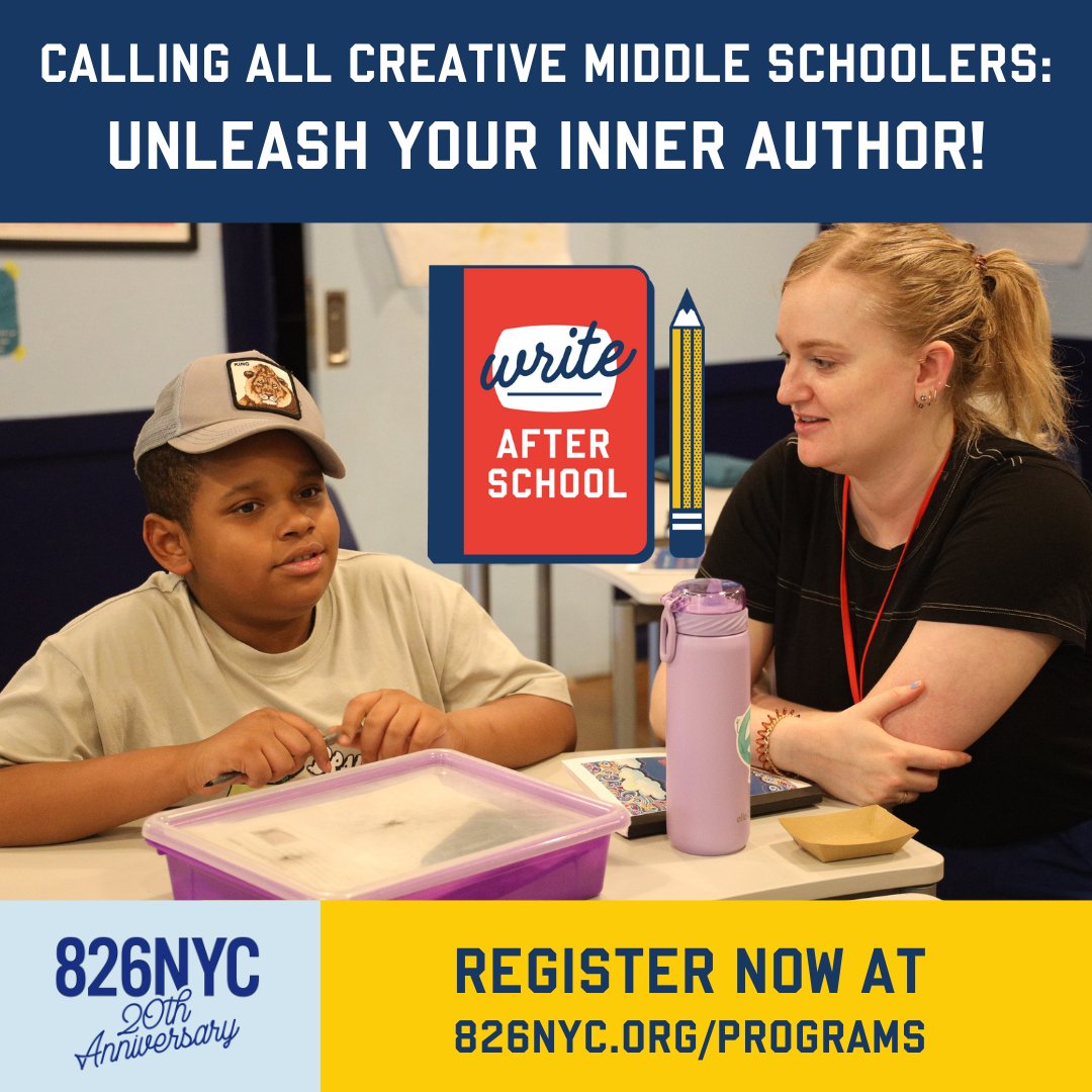 For the bookworms and young authors of the future: we can't wait to meet you in 826NYC's Write After School program! Weekday reading &amp; writing workshops for grades 6-8 kick off on September 17. Learn more &amp; sign up at 826nyc.org/program/write-…