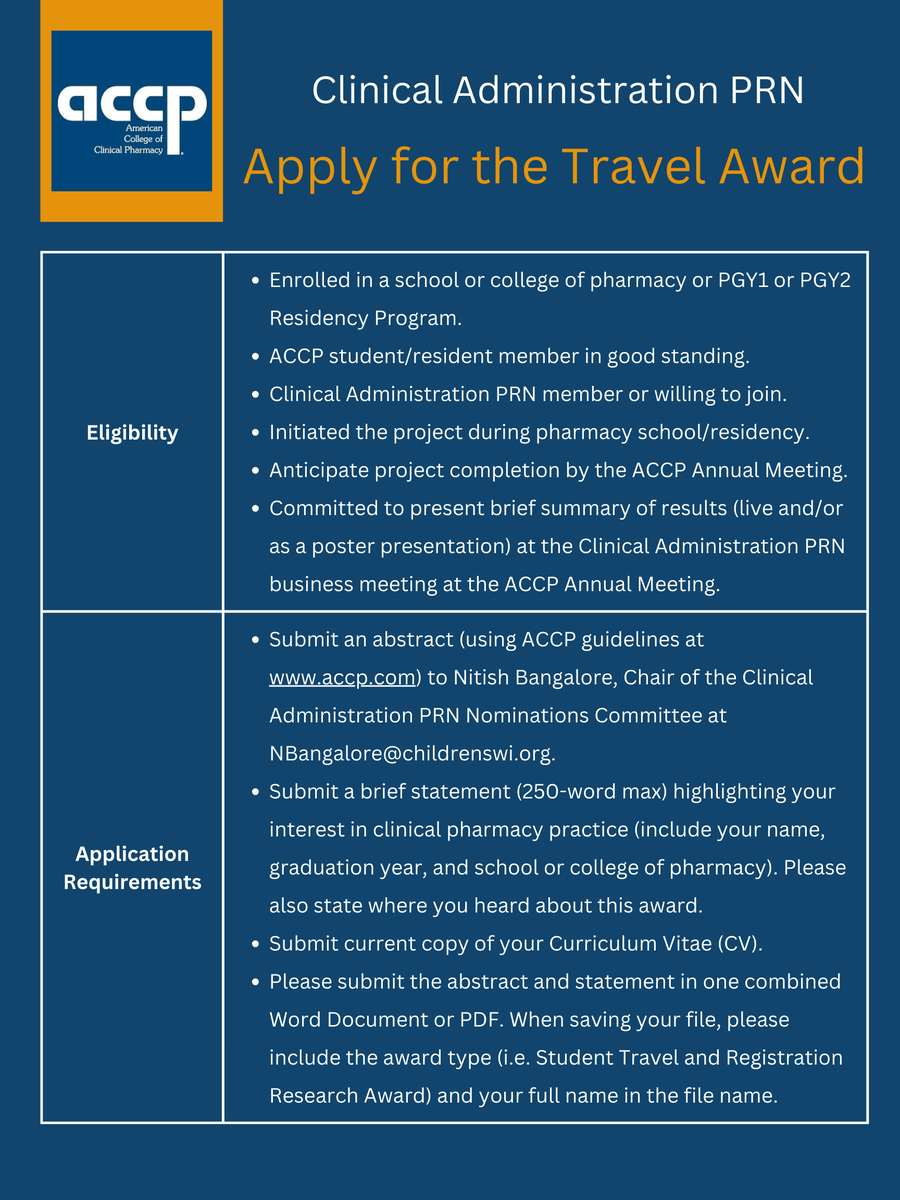 accpcadmprn's tweet photo. Calling all current pharmacy students and pharmacy residents! The ACCP Clinical Administration PRN invites you to apply for the Travel Award! Winners will receive $1000 towards registration and/or travel expenses for the ACCP Annual Meeting.
#pharmacy #ACCP https://t.co/l585YXQ7oa