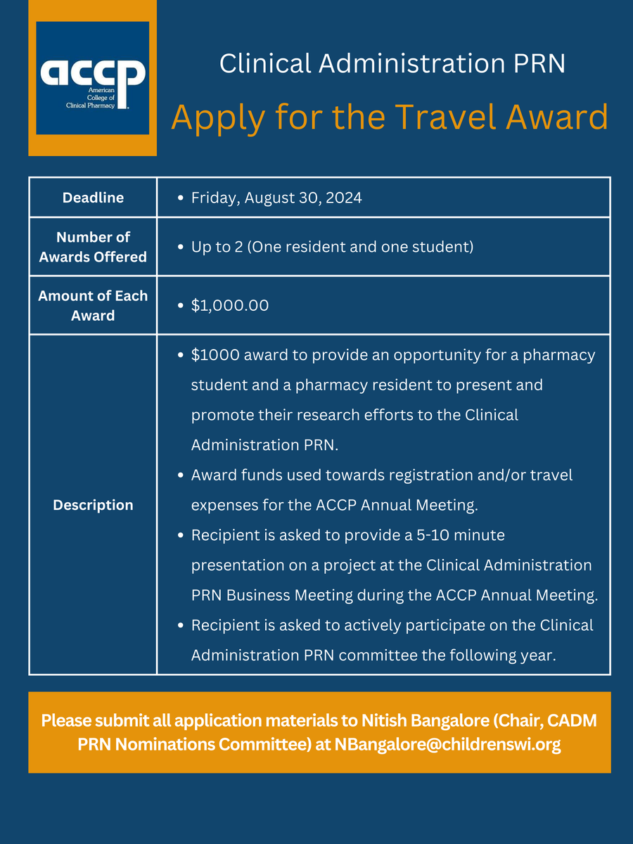 accpcadmprn's tweet photo. Calling all current pharmacy students and pharmacy residents! The ACCP Clinical Administration PRN invites you to apply for the Travel Award! Winners will receive $1000 towards registration and/or travel expenses for the ACCP Annual Meeting.
#pharmacy #ACCP https://t.co/l585YXQ7oa