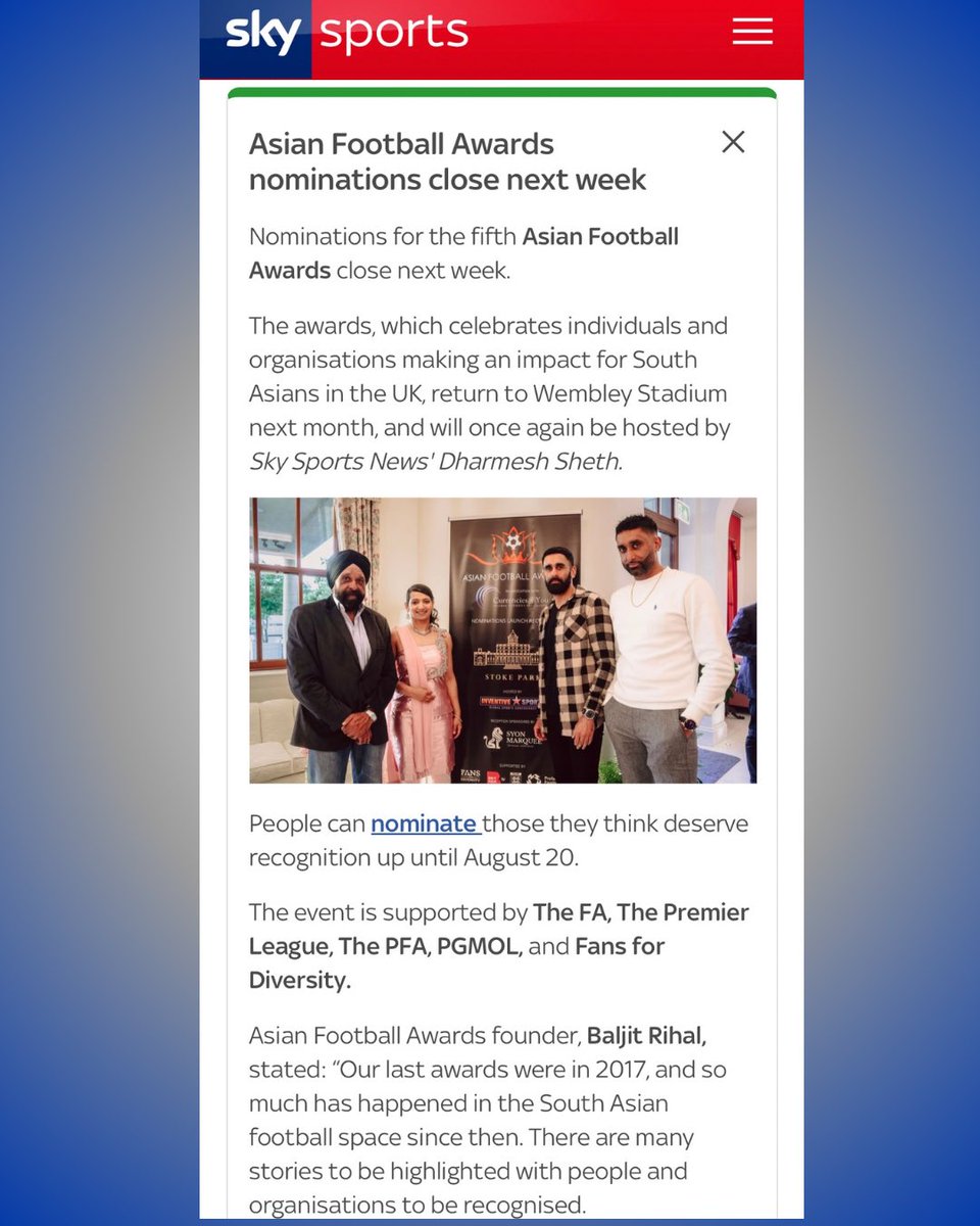 BaljitRihal's tweet photo. The Asian Football Awards featured on @SkySports football today.. Remember nominations close next week, so don’t delay - nominate today (https://t.co/k6dpjSzJr6).

The @AFootballAwards in association with Currencies 4 You, Global Payment Specialists, takes place at the iconic Wembley Stadium on 25th September 2024.

Full Sky Sports article by @DevTrehan: https://t.co/3oLovuU7HB

#AFA24 #SouthAsian #Football #WembleyStadium