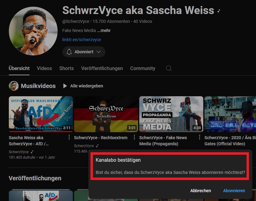 Ich wollte gerade <a href="/SchwrzV/">SchwrzVyce</a> der heute auf Telegram (t.me/schwrzvyce) ein ziemlich gutes Musikvideo gedroppt hat, auf Youtube abonnieren und bekam das hier. Wtf?