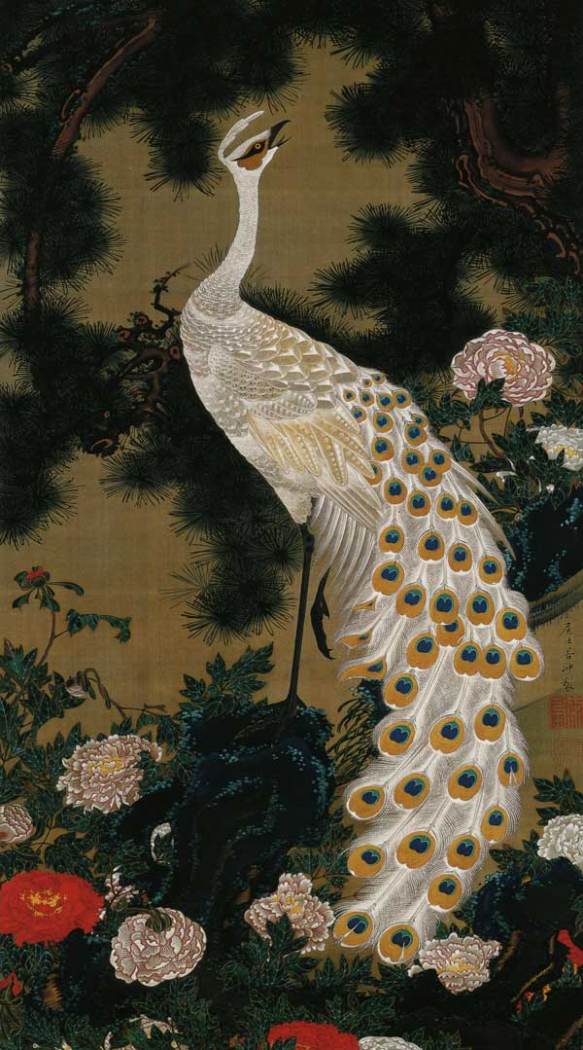 JapanTraCul's tweet photo. Old Pine Tree and Peacock, from Colorful Realm of Living Beings, by Itō Jakuch��, 1761 https://t.co/UnUObNpCBQ
