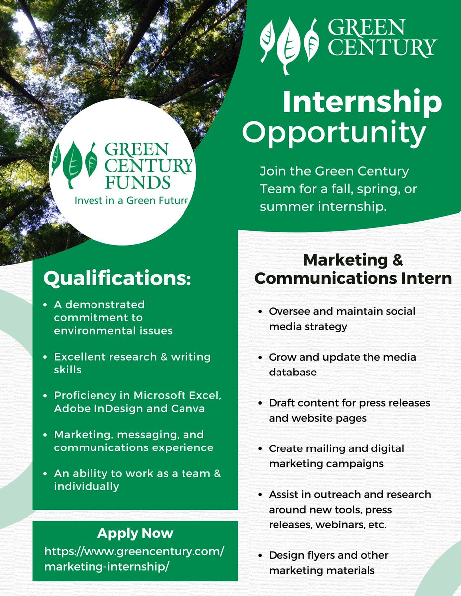 Interested in an internship with Green Century? We are hiring a Marketing &amp; Communications intern to join our team this fall.

Check out our open positions here: greencentury.com/careers/

#GreenCenturyInternship  #Marketing&amp;Communications