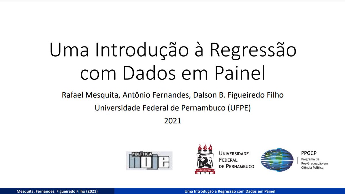 Dificilmente você vai passar por essa vida sem escutar "precisa ajustar uma regressão com dados de painel".

Esse material vai te ajudar com o básico do básico:
periodicos.ufpe.br/revistas/polit…

O artigo:
periodicos.ufpe.br/revistas/index…
