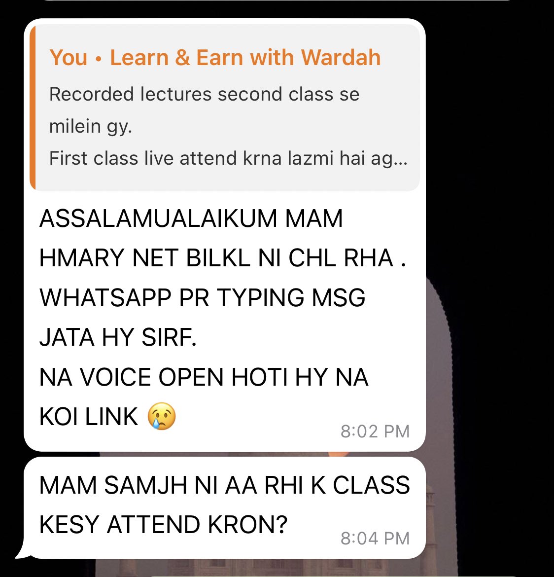 wardahn00r's tweet photo. I was supposed to teach 1500 students from all across Pakistan tomorrow and celebrate independence day by training youth in employable IT skills but here we are.. receiving such messages all day long :)

Ma'am internet ni hai, class ka kia hoga ? https://t.co/7mfsGJRWn7