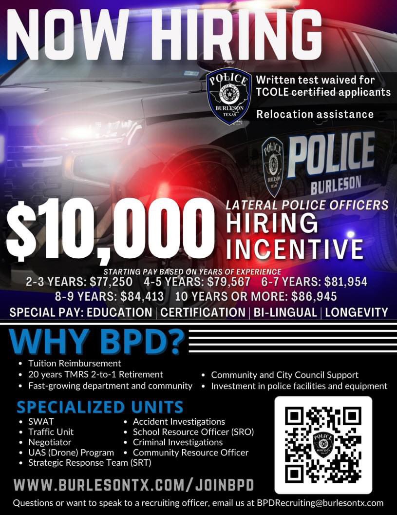 🚨🚓🚨Applications are now being taken for New Recruits and Lateral Officers🚨🚓🚨

For more information on our amazing department, check out the following link:  burlesontx.com/286/Join-BPD

To submit your application, visit:  burlesontx.applicantpro.com/jobs/