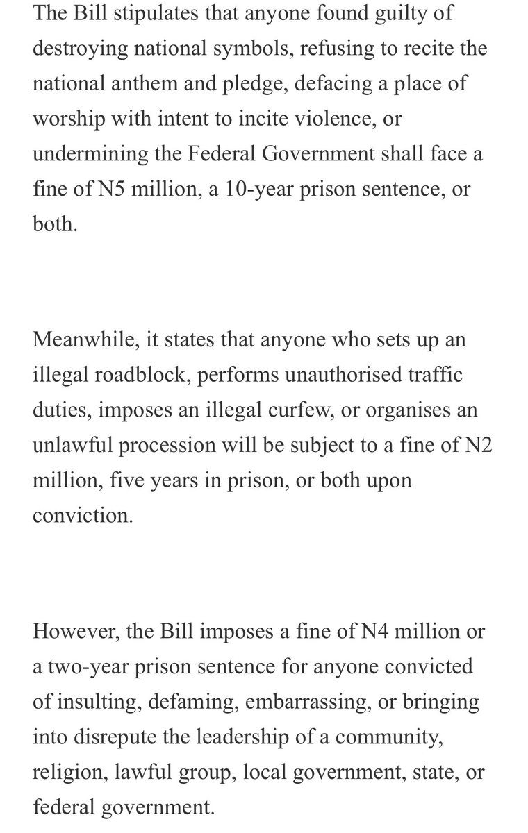 MikaelCBernard's tweet image. While we were dragging SA, Tinubu began passing a new law.

The bill prescribes 10 years in prison + 5million fine for anyone who refuses to sing national anthem.

It also prescribes 5 years for anyone who protests.

And finally 2 years in prison for anyone who insults Tinubu