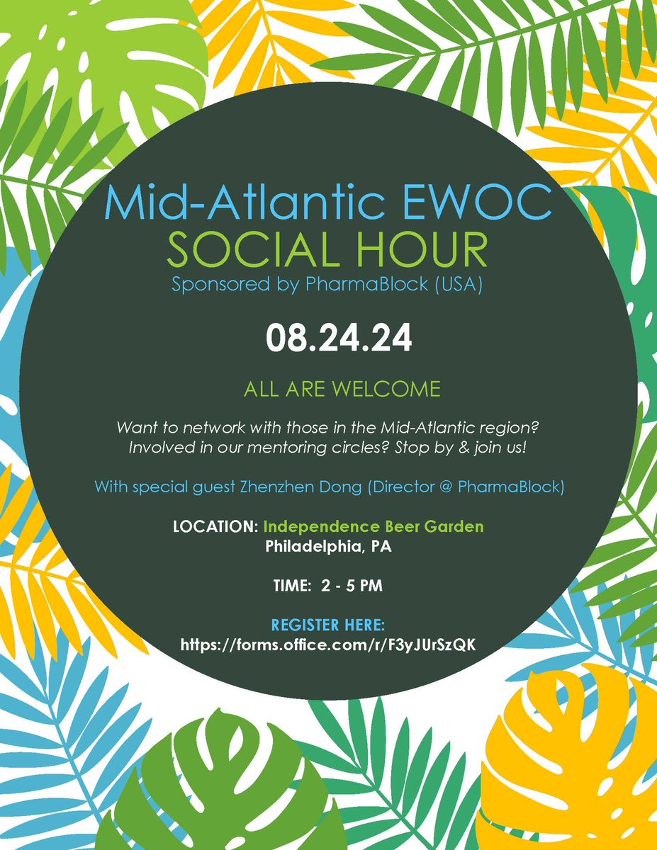 Join us for our #MidAtlanticEWOC social hour in Philly on Sat, August 24th 🏙️ We are so excited to have Zhenzhen Dong (PharmaBlock) as our special guest ✨

📍Register here - forms.office.com/r/F3yJUrSzQK