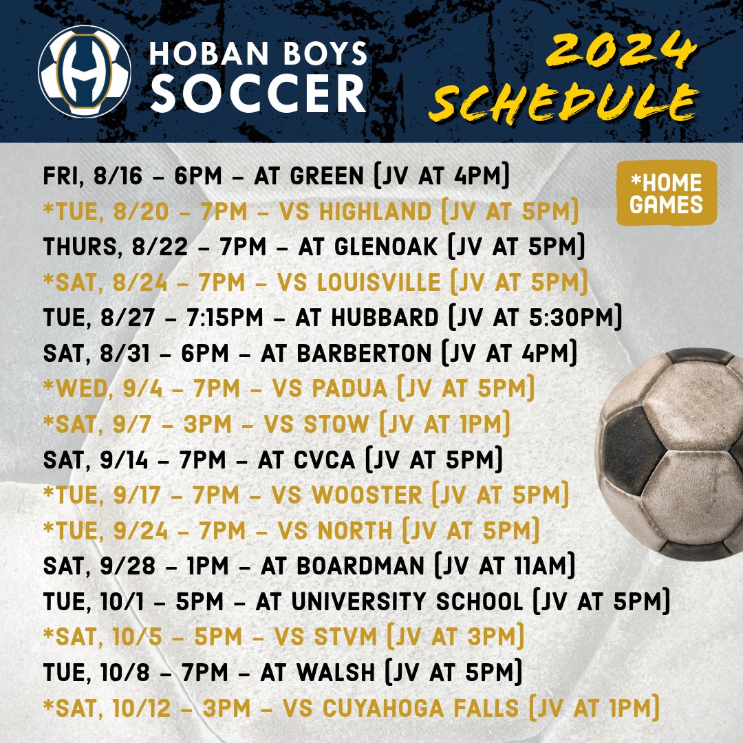 Hoban_Soccer's tweet photo. We are excited to begin the season this Friday at Green High School!  Come out to cheer us on and mark your calendars for upcoming games.  We can't wait to see you there.  🙌🙌🙌🏆🥇⚽  

#HobanBoysSoccer #WinningSeason #GoKnightsGo⚔️ #HobanFamily #GoHoban #HobanStrong https://t.co/OCtOiCxuN3