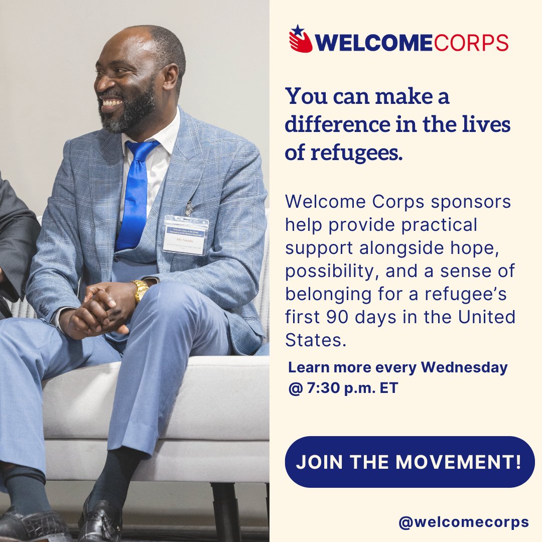 WelcomeCorps's tweet photo. When you become a sponsor, you'll join a group of at least five members in your community who are passionate about making a difference in a refugee's life. Together, you’ll help them settle into your community by finding and furnishing an apartment, securing a job, enrolling kids in school, and accessing essential services.

Learn more every Wednesday at 7:30 p.m. ET for an application support session ➡️ https://t.co/7wShsp4XOZ