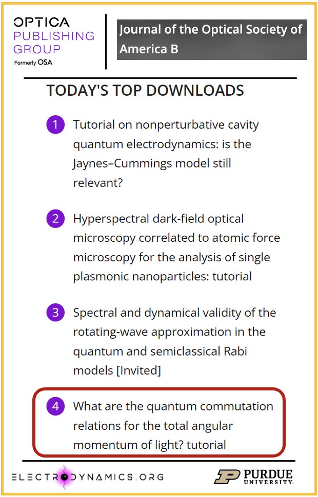 Our recently published #theory paper is one of the top downloads of JOSA B. Our work will motivate experiments and lead to new insights on the quantum behavior of the angular momentum of light.

Read the full paper at: doi.org/10.1364/JOSAB.…

<a href="/OpticaPubsGroup/">Optica Publishing Group</a> <a href="/PurdueECE/">PurdueECE</a> #JOSAB
