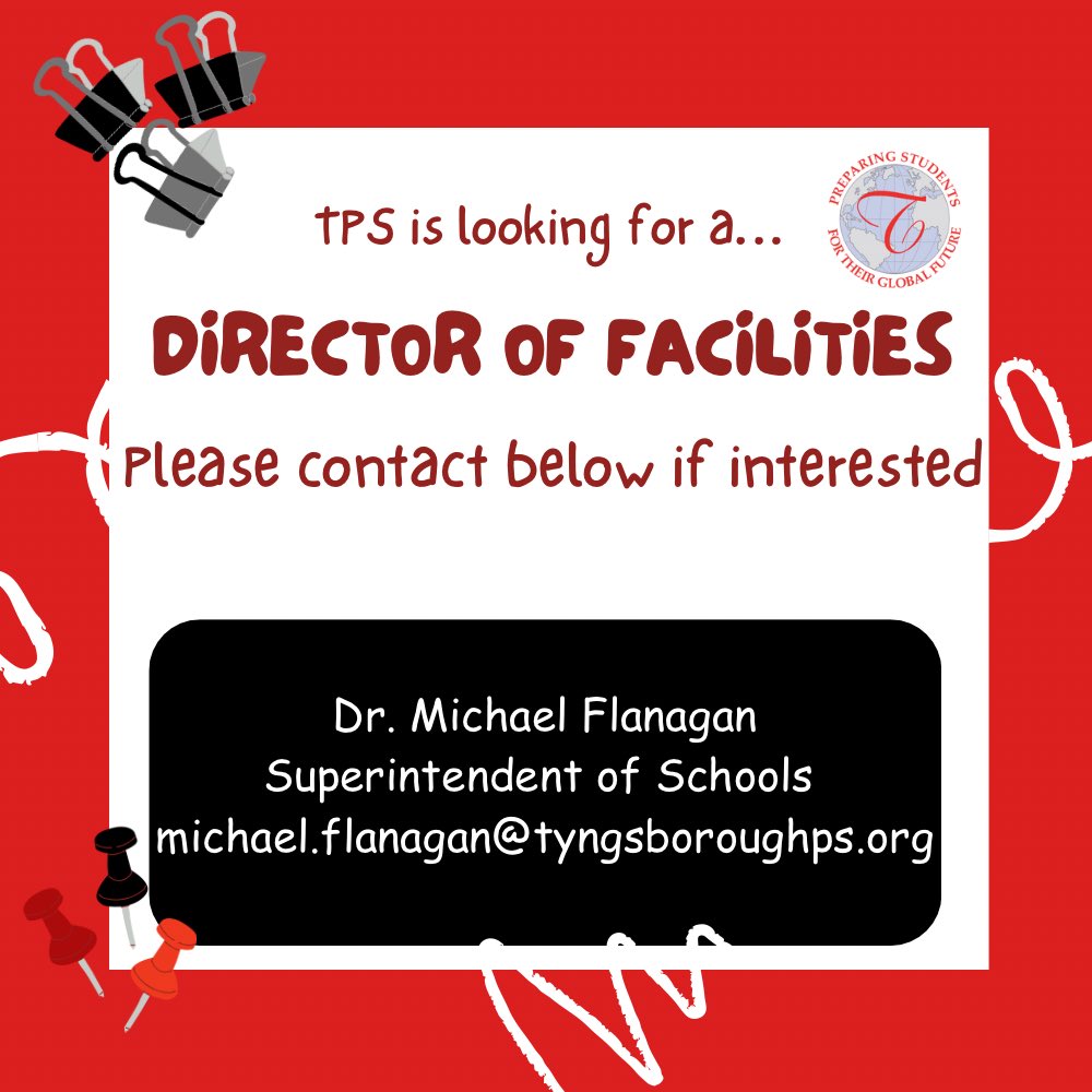 Tyngsborough Public Schools is looking to hire a Director of Facilities! If interested in this position please contact: michael.flanagan@tyngsboroughps.org #tpsprepares #nowhiring
