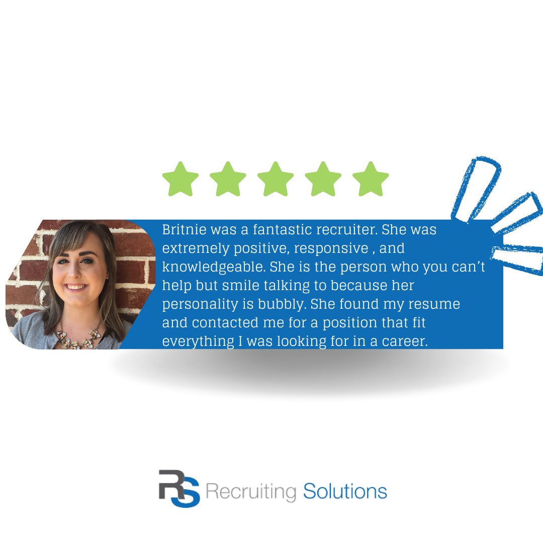 RSRecruiting's tweet photo. A recent 5-star review highlights Britnie’s exceptional positivity, responsiveness, and expertise. She consistently goes the extra mile to find the perfect career match for candidates. We're thrilled to have her on our team!

#Florence #Hiring #SC #manufacturing https://t.co/kK0H3GXHg1