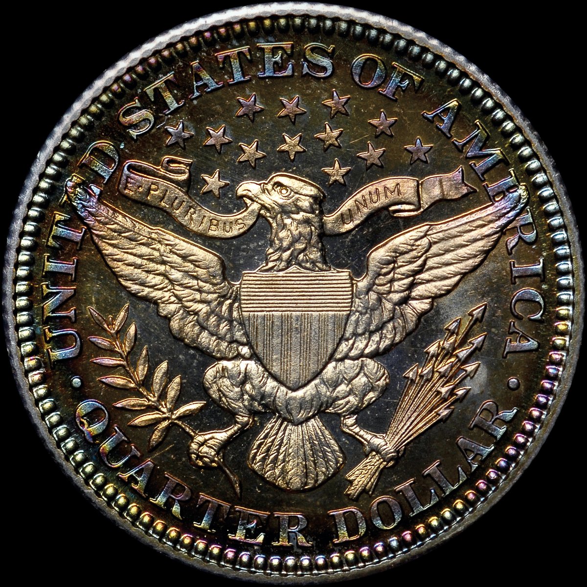 NGCcoin's tweet photo. Coin of the Day: Check out this stunning 1902 Barber Quarter graded NGC PF 67+★ for a featured coin. This coin boast exceptional toning that runs the gamut from dark olive to electric blue and vibrant purple. Visit NGC social media every #TonerTuesday for more toned coins. https://t.co/wQAi1EeiAr