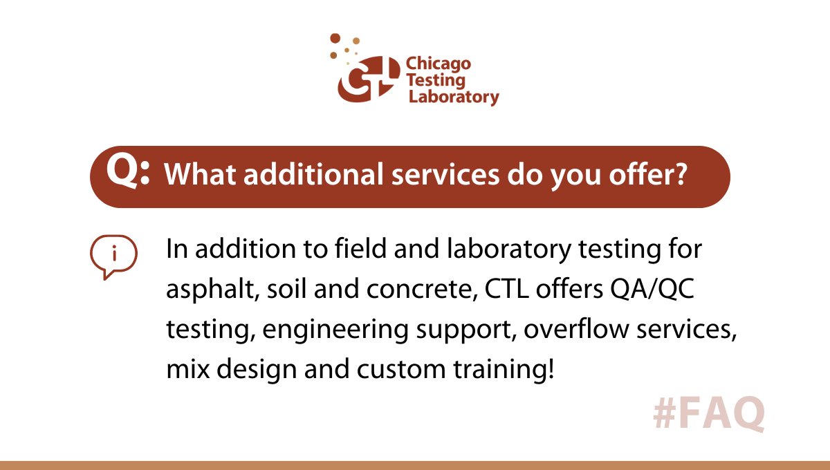 CHITestingLab's tweet image. There’s not a lot we can’t do at CTL when it comes to road materials design and testing.

From specialty testing to peripheral support, we have the resources for you!
bit.ly/47hfMxe

#ChicagoTestingLab #RoadMaterialsDesign #SpecialtyTesting #PeripheralSupport