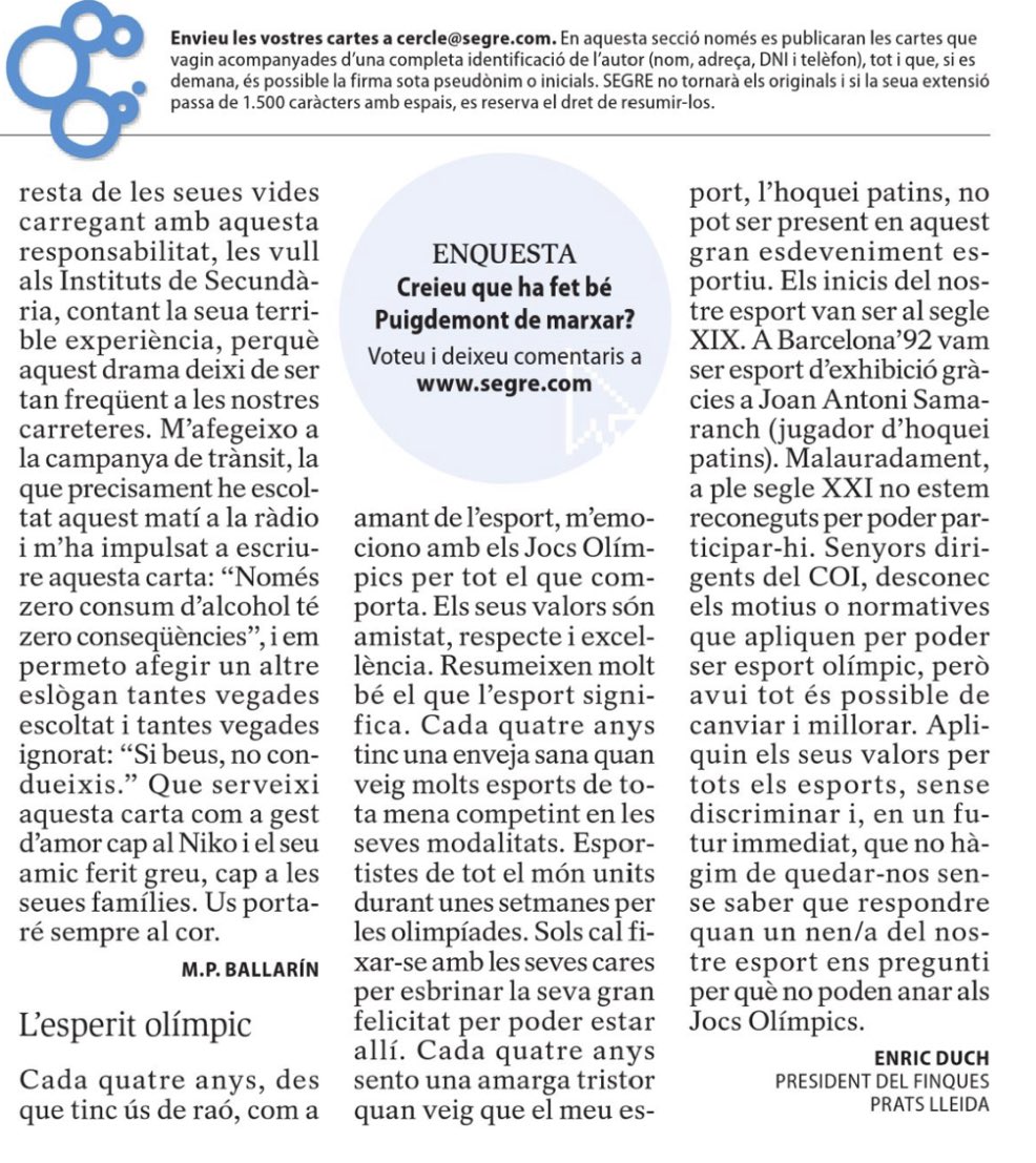 Gran article d'Enric Duch <a href="/EnricDuch/">enric duch teixido</a> a @Segrecom! L'hoquei patins hauria de ser als Jocs Olímpics <a href="/Olympics/">The Olympic Games</a> per la seva llarga història, el seu arrelament en diferents països i pels seus jugadors i seguidors. Un esport que exemplifica els valors olímpics. 🏒 #HoqueiPatins
