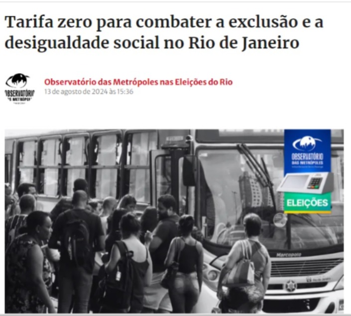 Acabou de sair artigo do <a href="/obsmetropoles/">INCT Observatório das Metrópoles</a> no <a href="/brasildefato/">Brasil de Fato</a> onde mostra a necessidade e viabilidade da Tarifa Zero nos transportes do Rio. Como transporte mais caro do país parece utópico, mas é tão real que mais de 100 cidades no nosso país já adotaram essa política.