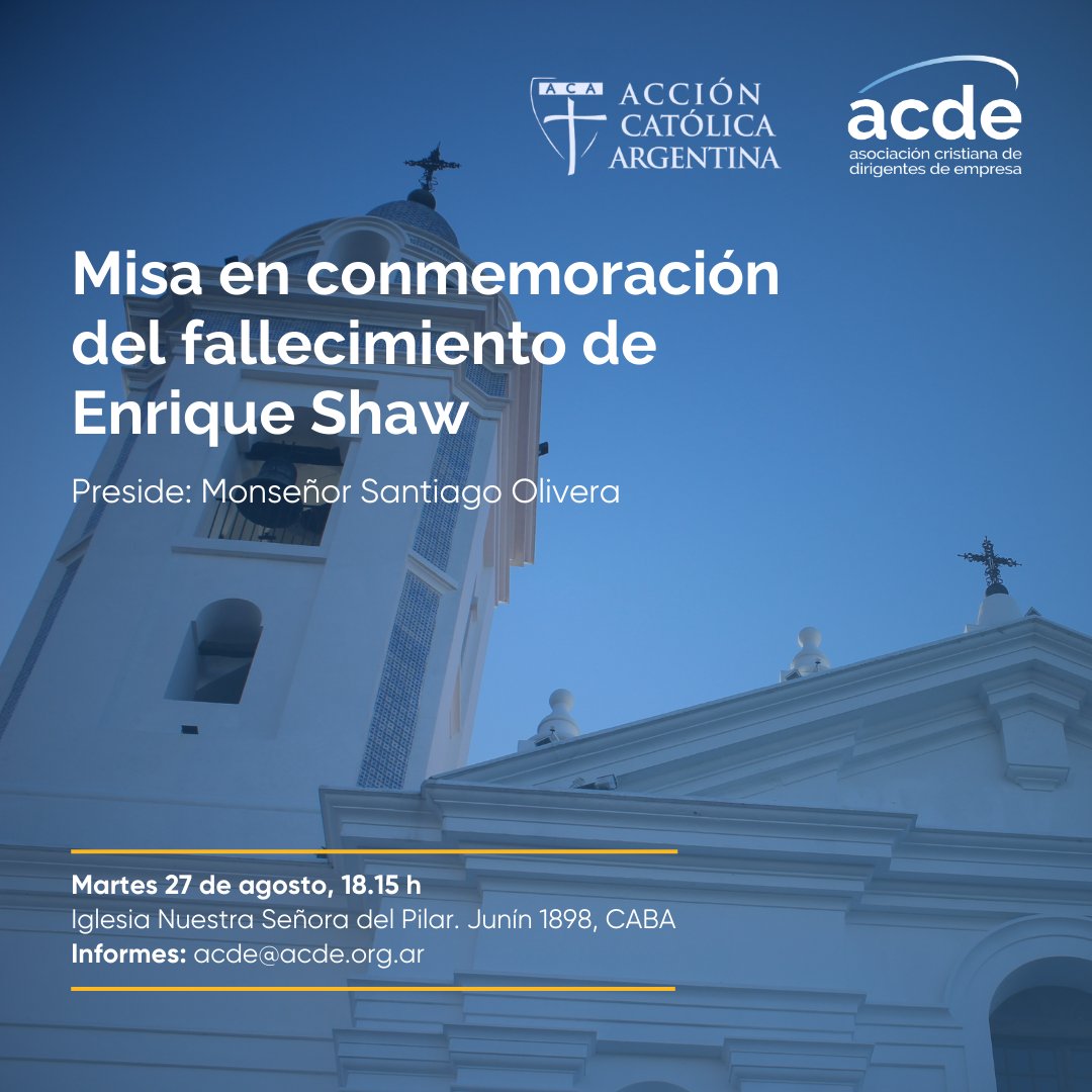 Te esperamos para hacer juntos memoria agradecida por la vida y el legado del fundador de nuestra querida asociación. Monseñor Santiago Olivera nos acompañará presidiendo la Misa.

🗓️ Martes 27 de agosto, 18.15 h
📍Iglesia Nuestra Señora del Pilar. Junín 1898, CABA