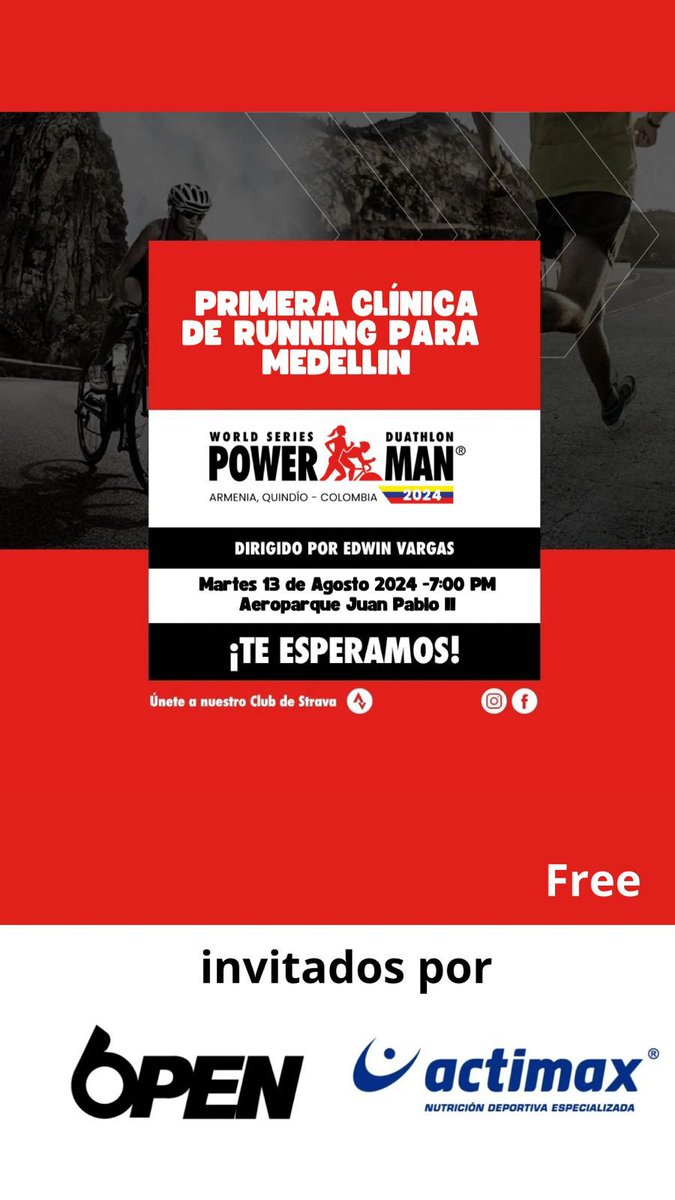 paisadeportes's tweet photo. PARA LOS AMANTES DEL RUNNING! 🏃🏼
HOY - HOY - HOY
Clínica con Edwin Vargas organizador del POWER MAN (duatlón internacional que se va a realizar por primera vez en Armenia en el mes de diciembre. 
⌚ 7:00 p.m. 
📢: Aeroparque Juan Pablo II - Medellín https://t.co/Vm7BmW8ON4