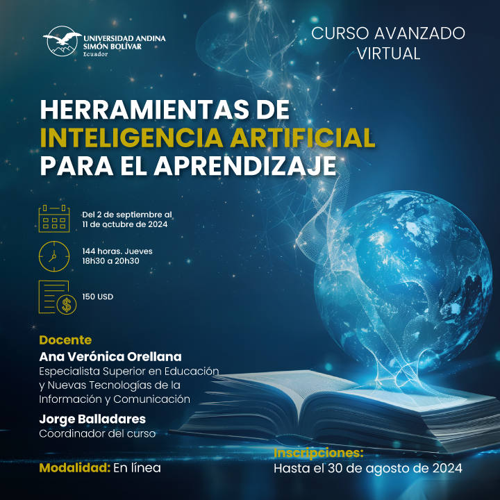 uasbecuador's tweet photo. 🚀 ¡Inscríbete en el curso "Herramientas de inteligencia artificial para el aprendizaje"! Aprenderás a usar herramientas de IA para mejorar el aprendizaje.

📅 Inscripciones: 25 julio-30 agosto
💻 Modalidad: En línea
💲 Costo: USD 150

🔗 Info: https://t.co/SHrlhLCw82 https://t.co/zJvVBU8yWM