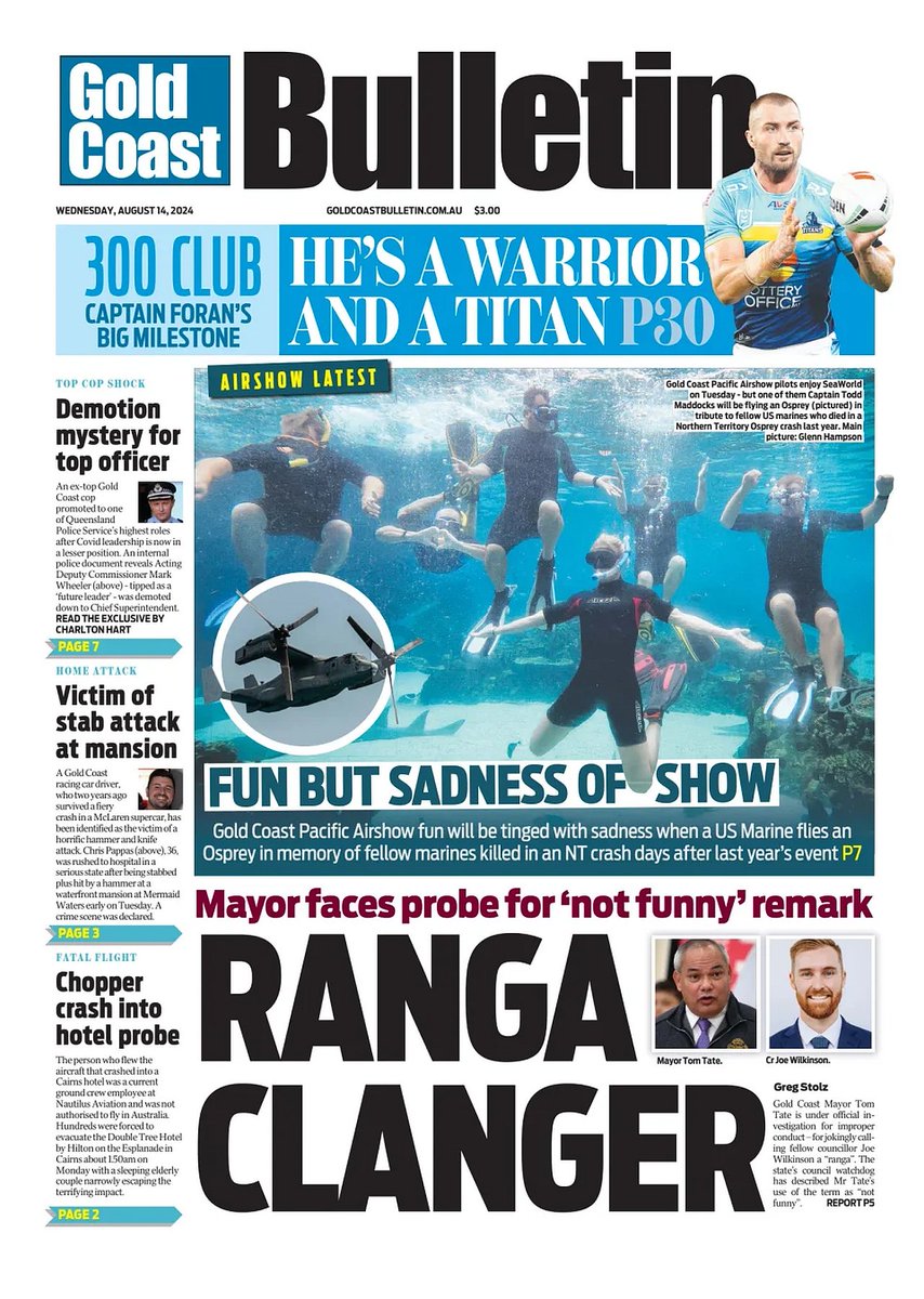 🇦🇺 Ranga Clanger

▫Controversial Gold Coast Mayor Tom Tate faces potential disciplinary action from the state’s council watchdog after he called a fellow councillor a “ranga”
▫<a href="/GregStolzJourno/">Greg Stolz</a>

#frontpagestoday #Australia <a href="/GCBulletin/">Gold Coast Bulletin</a> 🇦🇺