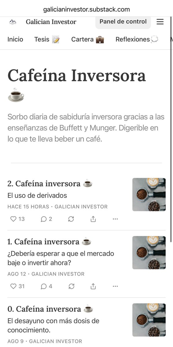 GaliciaInvestor's tweet image. Nueva sección: Cafeína inversora ☕️

Desde ayer, todas las mañanas recibiréis en vuestro correo ✉️ una pequeña dosis de sabiduria inversora, gracias a las enseñanzas que Buffett y Munger nos han compartido a lo largo de décadas, con todas las temáticas de las que hayan hablado.…