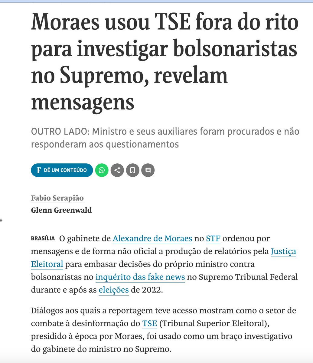 Glenn Greenwald (@ggreenwald) on Twitter photo In the first article today, one of many to come, we publish audio and text messages among Moraes' top aides proving long-suspected maneuvers to create legal justifications and pretexts for his behavior.
This reporting will be significant. More tomorrow night on <a href="/SystemUpdate/">SystemUpdate</a>. In the first article today, one of many to come, we publish audio and text messages among Moraes' top aides proving long-suspected maneuvers to create legal justifications and pretexts for his behavior.
This reporting will be significant. More tomorrow night on <a href="/SystemUpdate/">SystemUpdate</a>.