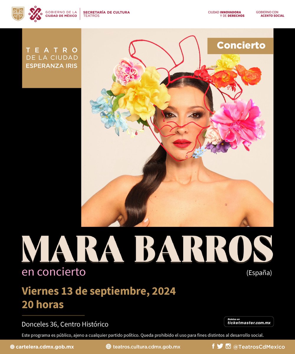 ¡Falta solo un mes para la presentación de “Me nace del corazón" de <a href="/Marabarros7/">Mara Barros</a> en el #TeatroDeLaCiudad! 

No te pierdas este concierto el 13 de septiembre, una mezcla explosiva entre el carácter y sentimiento andaluz de Mara, con el folclor mexicano.
🎟️ bit.ly/3X39wpO