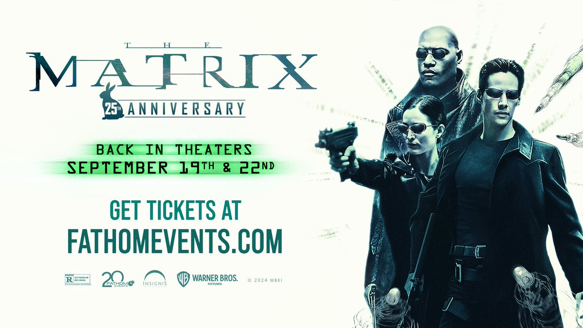 screenrant's tweet photo. Tickets for #TheMatrix's 25th anniversary event are currently available for purchase. Find your theater with @fathomevents. 🎫 https://t.co/cG6UloNdcH https://t.co/8dW1Fa0Q6J