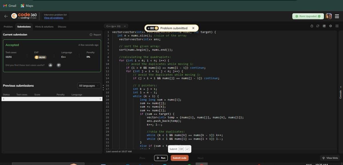 Nisha320289's tweet photo. 🚀day22 of #100daysofcodingchallenge 4 sum using two pointers approach ✅✨ 

#dsa #codingninjas #leetcode #striver https://t.co/Kt201EehSh