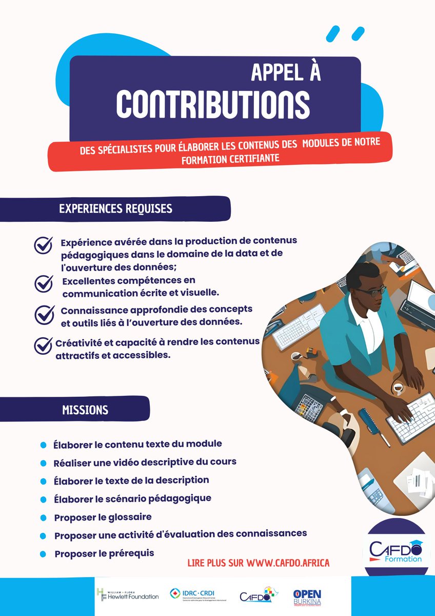cafdo_officiel's tweet photo. Rejoignez l’équipe du projet #YIRWA et contribuez au renforcement des capacités des acteurs en Afrique !

Nous recrutons des producteurs de contenus pédagogiques pour notre programme de formations certifiantes en ouverture des #données.
Lire plus ici bit. ly/3YHZZpB https://t.co/GpHZpq5oiX