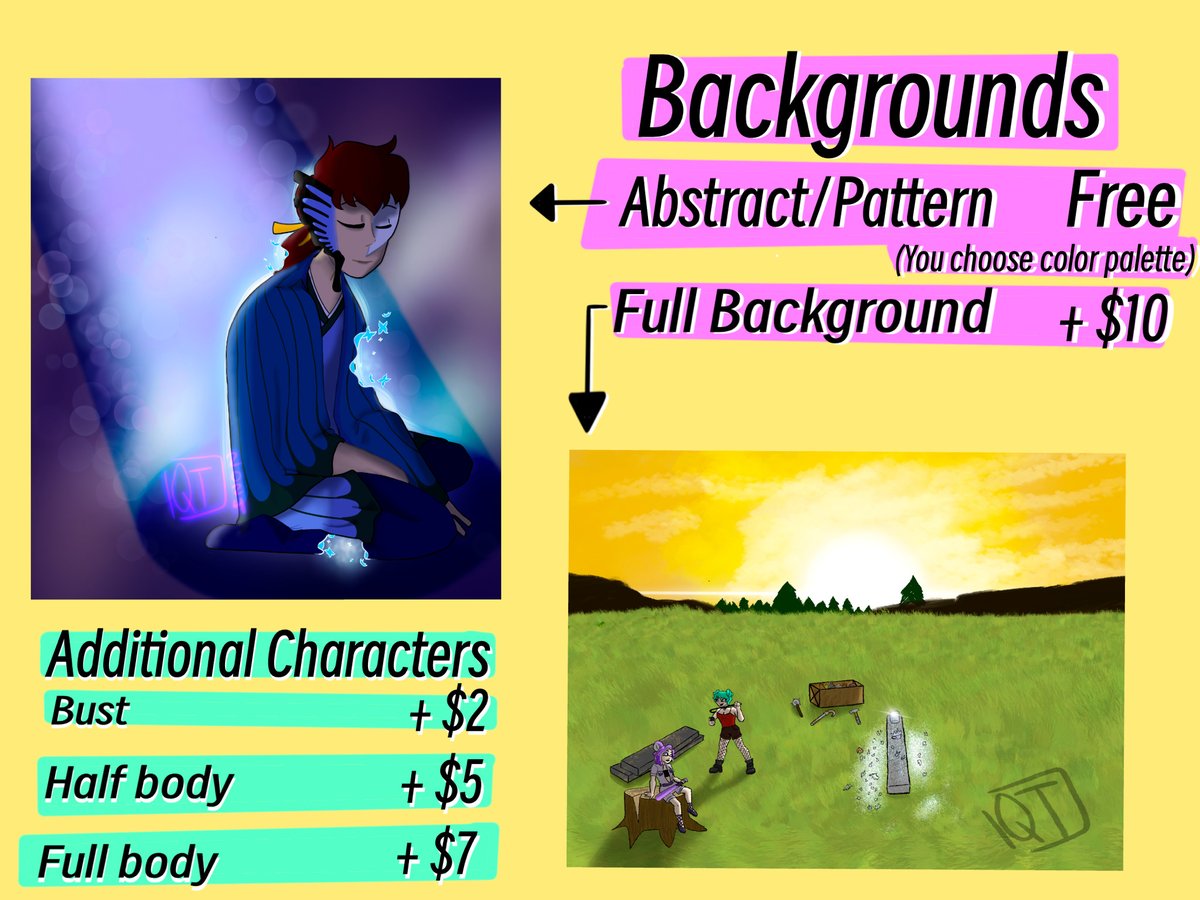 Queertastrophe's tweet photo. Hiiiii I'm in a hole right now, so for a bit I'm opening commissions up. I have other background work examples but a lot of my more recent art is on display here. 

If you have any questions, feel free to DM or email! https://t.co/ZHkHNv3qgQ