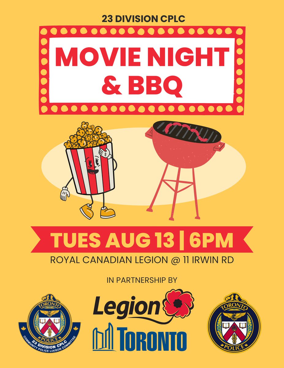 Join us tonight for a Community Outdoor Movie Night &amp; BBQ! The BBQ will begin at 6pm at the Royal Canadian Legion located at 11 Irwin Rd. Bring a chair/blanket for the movie
See you then🚔🎥😊