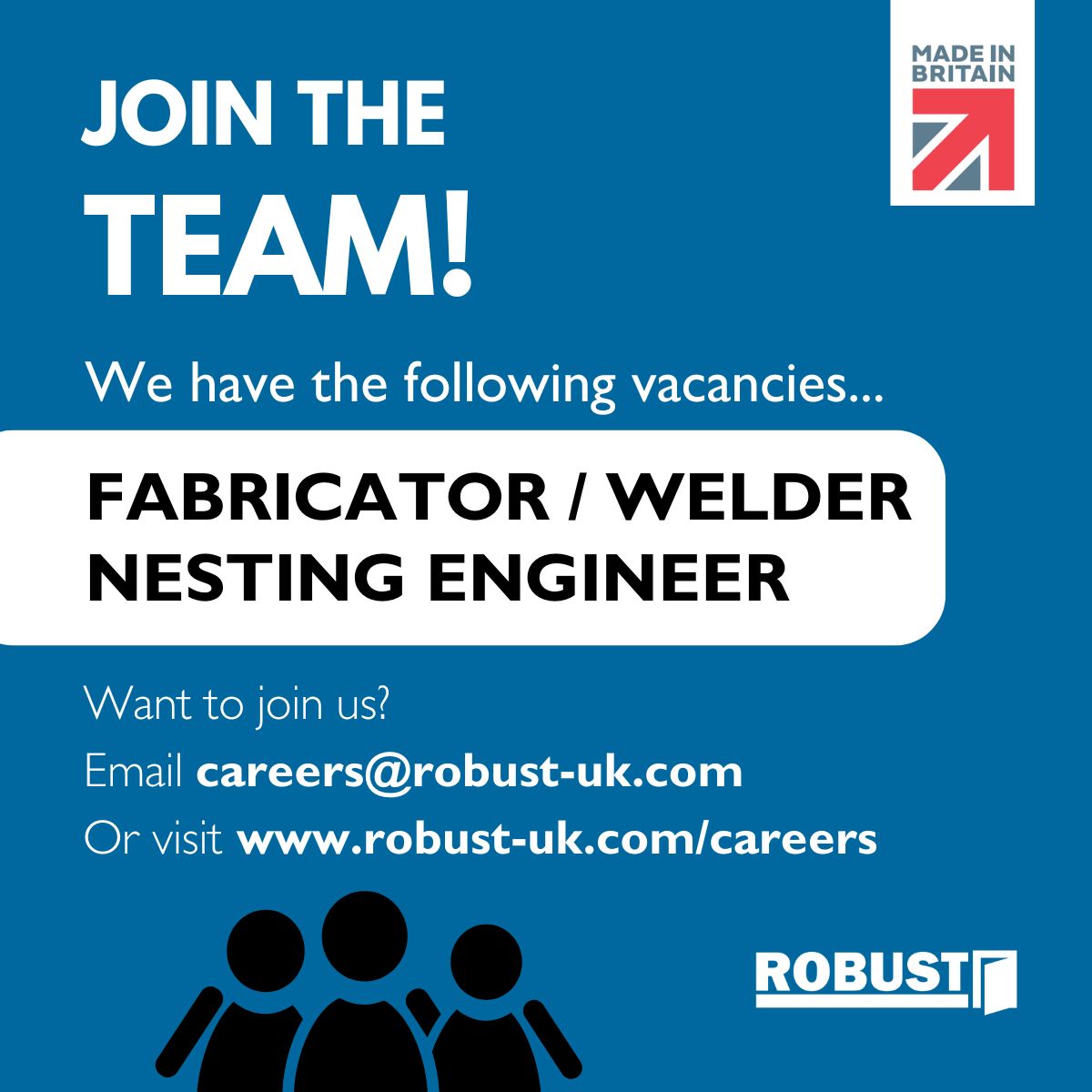 WE'RE HIRING!

We're recruiting for a number of positions within our fabulous new factory in Newcastle-under-Lyme, including:

Fabricator / Welder
Nesting Engineer

For more information about either of these vacancies, please visit our new Careers page at robust-uk.com/careers.